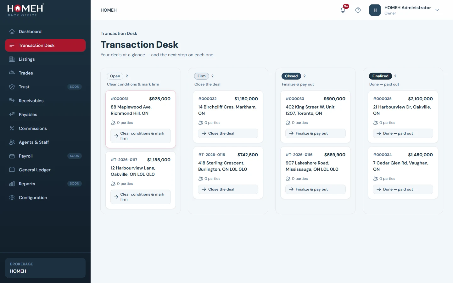 The HOMEH Transaction Desk — deals organised by stage with the next step on each